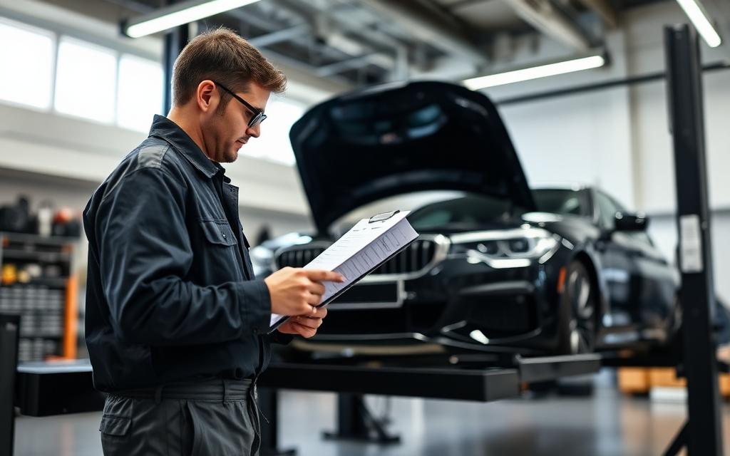 Technician completing a 150-point inspection checklist